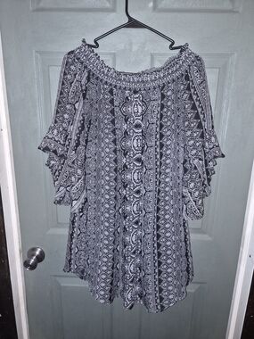 City Triangles Off The Shoulder Flowy Bohemian Mini Dress Flutter Sleeves